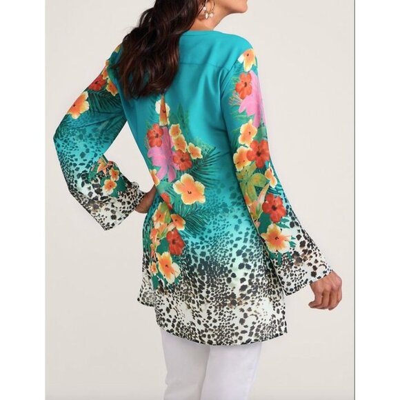 Soft Surroundings Womens Small Floral Animal Print Blouse Tunic Top Sheer Shirt - Picture 3 of 13